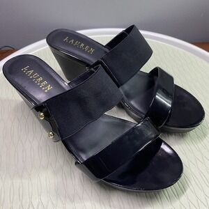 Ralph Lauren Women's Rhianna Black Sandals Slides Wedge Heel Shoes Sz.8.5B‎